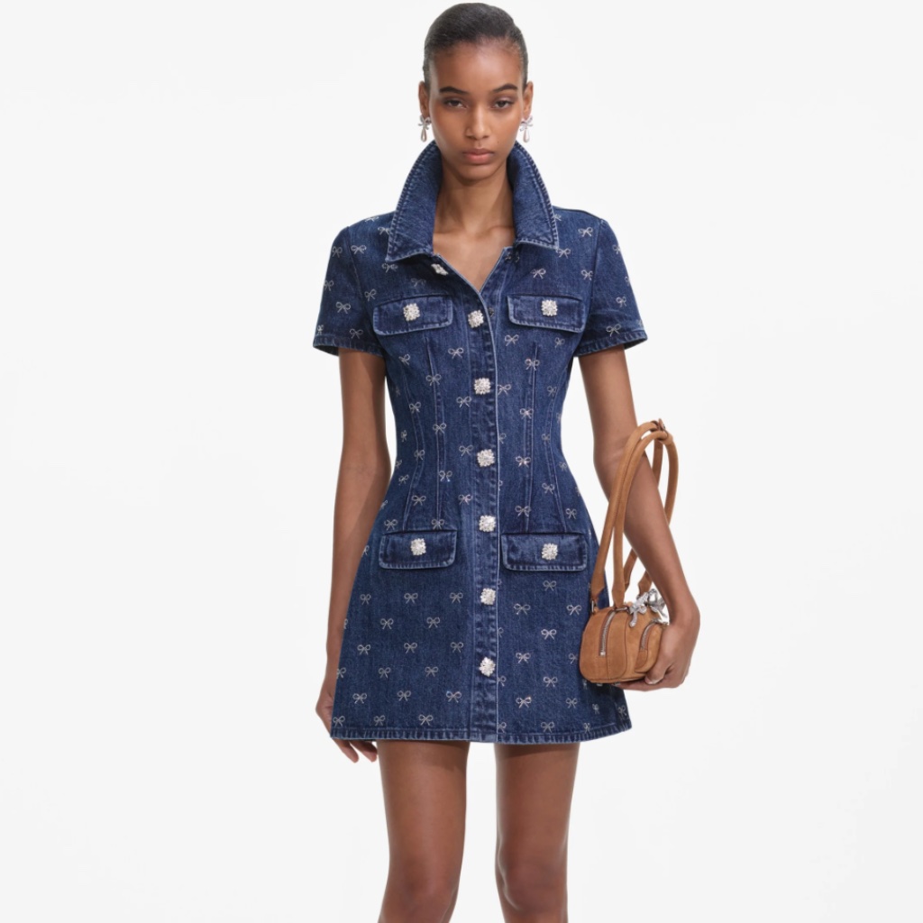 Self-Portrait Denim Diamante Bow Collared Mini Dress Us4 - Msrp $440 - Nwt
